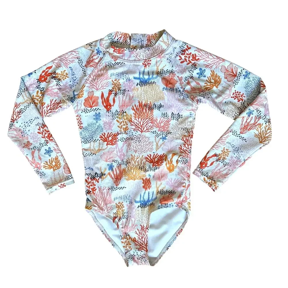 tame the sun Girls Long Sleeve One Piece Swimsuit in Coral Print Size 7